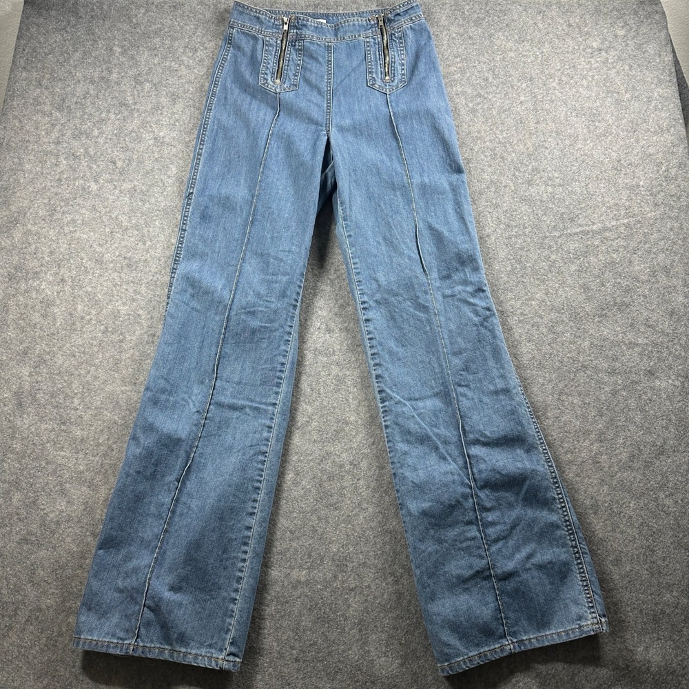 Cache Wide Leg Jeans Women 8 Blue High Rise Dual Zipper Retro Y2K Flare Denim